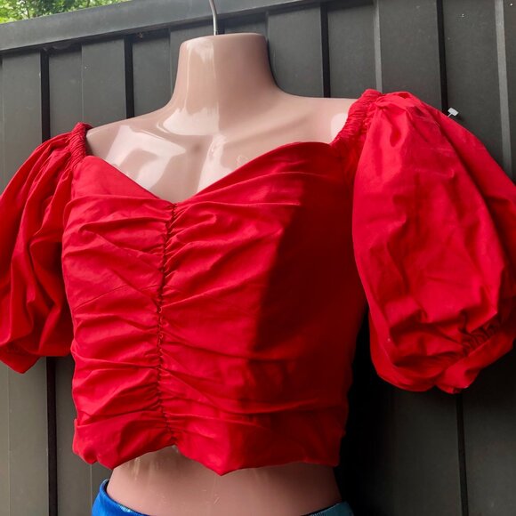 NWT Mango Red Puff Sleeve Ruched Crop Top – Size S – Organic Cotton - Picture 3 of 8